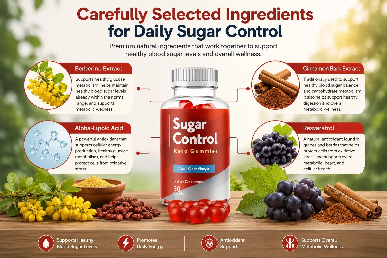 Sugar Control carefully selected ingredients — berberine, cinnamon bark, alpha-lipoic acid, resveratrol